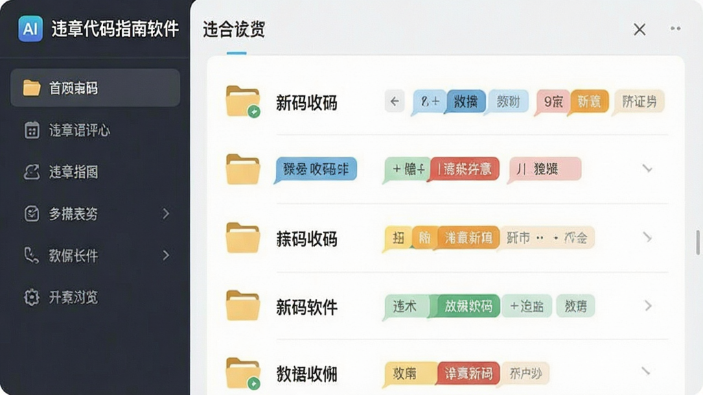 生成一张AI图片,主体是违章代码指南软件的分类浏览界面,布局为左侧导航栏右侧内容区,排版为列表加标签形式,风格为清新浅色系,细节包含文件夹图标、标签色块、分类文字,画质清晰,干净,无多余元素