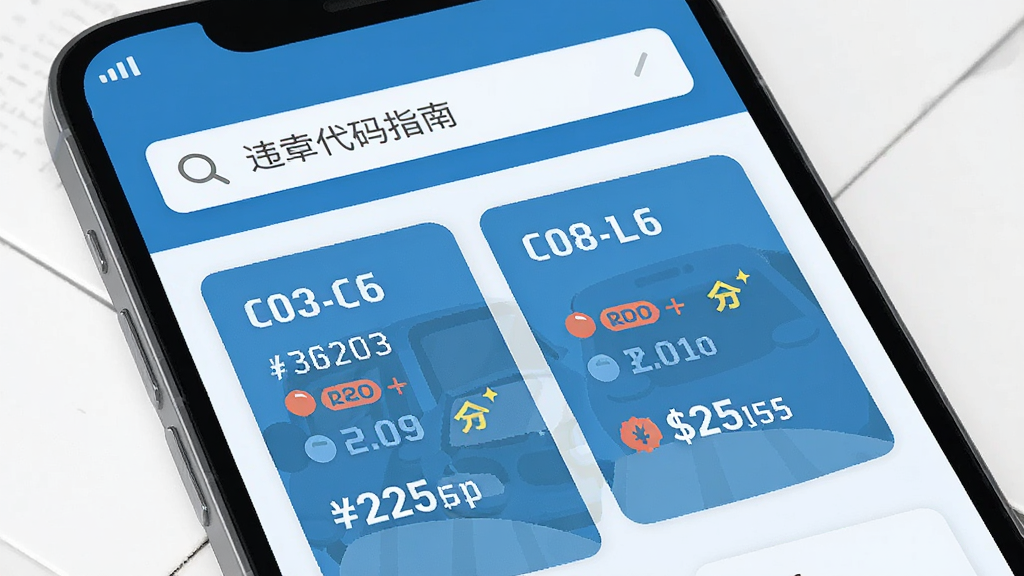 生成一张AI图片,主体是一部智能手机,屏幕上显示违章代码指南的查询结果页面,布局为上方搜索框下方信息卡片,排版整齐,风格为扁平化科技蓝,细节包含代码数字、扣分图标、罚款金额文字,画质高清,干净,无多余元素