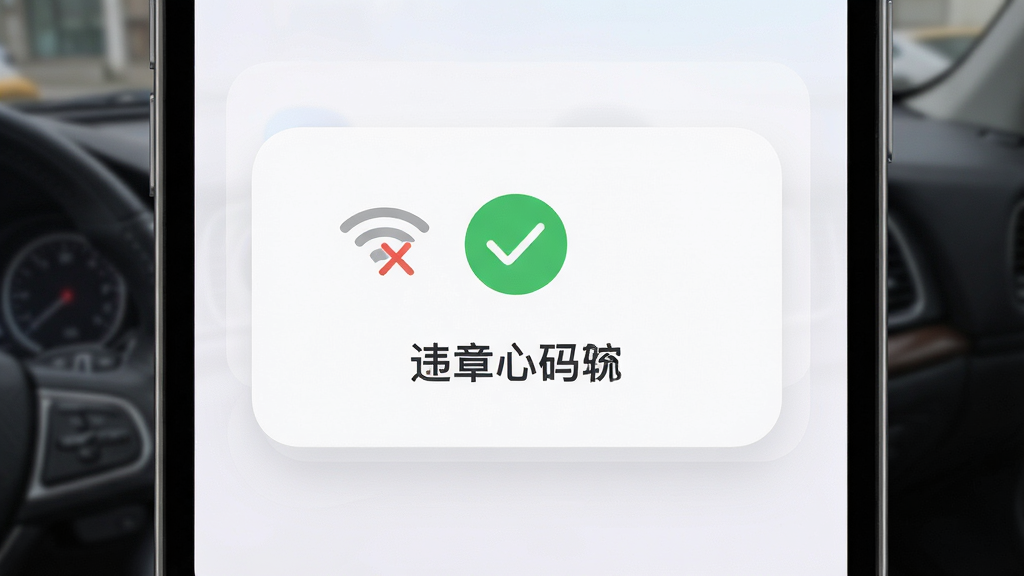 生成一张AI图片,主体是手机屏幕显示离线可用的违章代码指南界面,布局为居中卡片式提示,排版简洁,风格为柔和圆角设计,细节包含WiFi关闭图标、对勾标记、软件名称文字,画质高清,干净,无多余元素