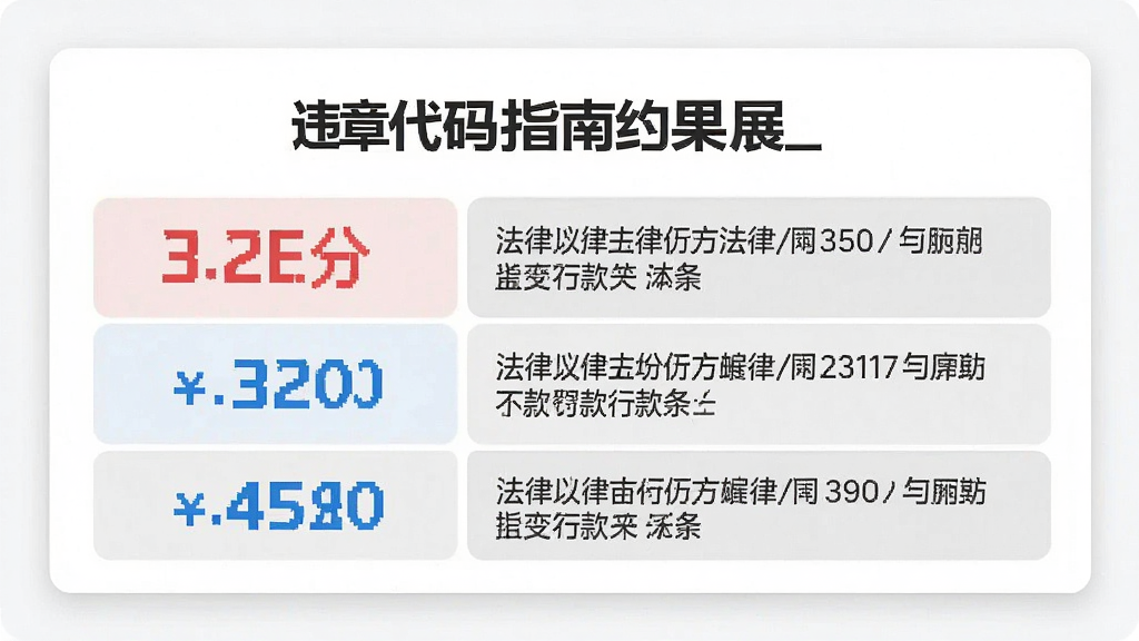 生成一张AI图片,主体是违章代码指南的结果展示卡片,布局为上下结构,排版为标题加数据行,风格为简约商务风,细节包含红色扣分数字、蓝色罚款金额、灰色法律条文,画质清晰,干净,无多余元素