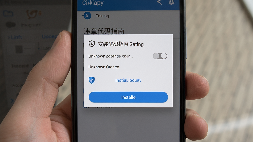 生成一张AI图片,主体是违章代码指南在手机上的安装权限设置界面,布局为弹窗加按钮,排版居中,风格为安卓原生设计,细节包含未知来源开关、安装按钮、盾牌图标、软件名称文字,画质高清,干净,无多余元素
