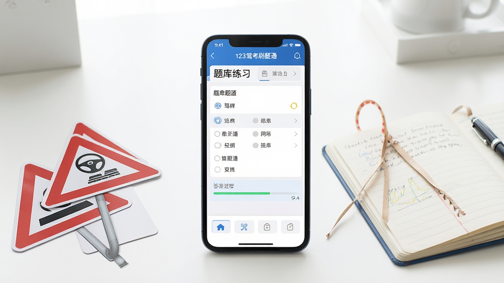 一张展示手机驾考刷题APP界面的场景图,画面中央是一部竖屏智能手机,屏幕上显示着123驾考刷题通的题库练习页面,有单选题选项和答题进度条,手机周围散落着交通标志卡片和一本翻开的笔记本,背景是明亮简洁的书桌环境,整体风格清新写实,细节丰富,画质清晰干净,无多余元素