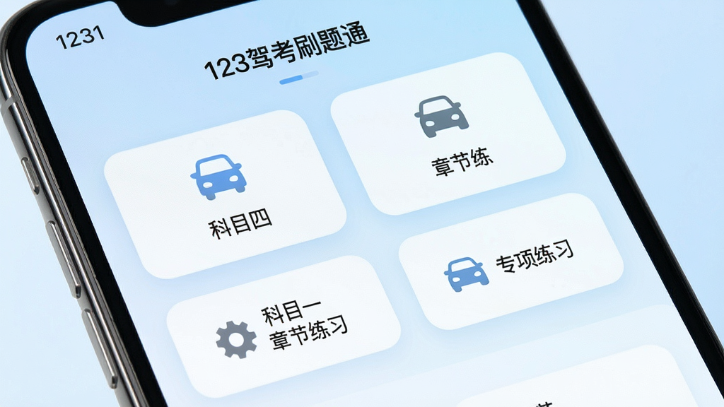 一张展示123驾考刷题通题库分类界面的图片,画面主体为手机屏幕特写,屏幕上清晰显示科目一、科目四、章节练习、专项练习等分类按钮,每个按钮配有简洁的图标,背景为柔和的浅蓝色渐变,风格现代简约,细节精致,画质高清,干净无杂乱元素