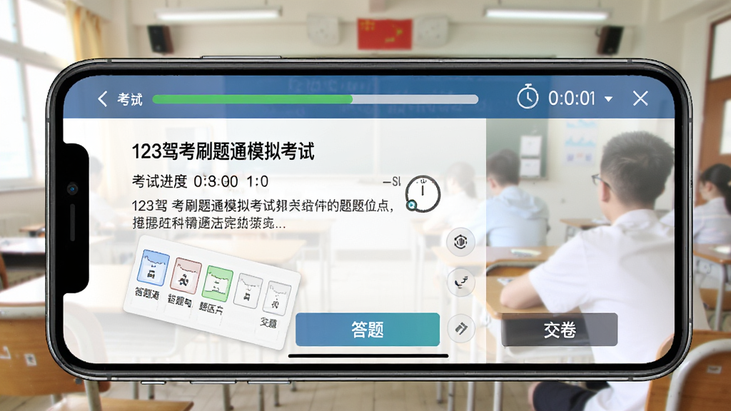 一张展示123驾考刷题通模拟考试界面的图片,手机横屏显示考试题目和倒计时,屏幕上方有考试进度和剩余时间,下方有答题卡和交卷按钮,背景是考场教室的虚化场景,风格写实明亮,细节清晰,画质干净,无多余装饰