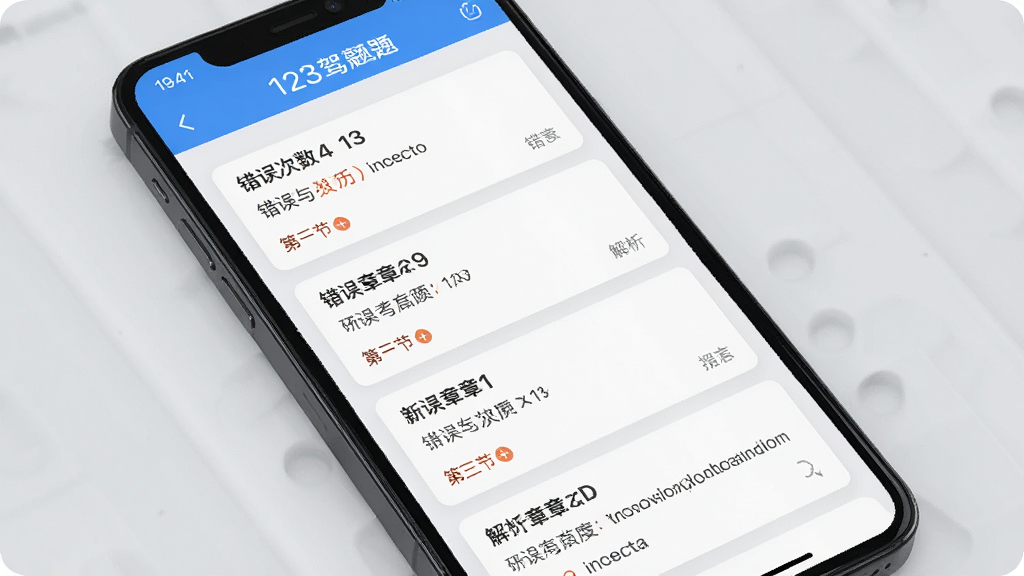 一张展示123驾考刷题通错题本功能的图片,手机屏幕上显示错题列表和解析详情,界面以卡片式布局呈现,每道错题标注了错误次数和所属章节,背景为浅灰色调,风格简洁实用,细节清晰,画质干净,无多余元素