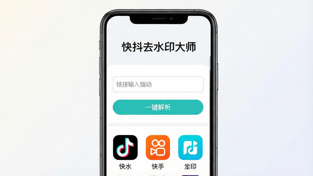 一张展示快抖去水印大师手机应用主界面的高清图片,画面中央是一部竖屏智能手机,屏幕内显示软件简洁的首页布局,上方有“快抖去水印大师”文字标识,中间是链接输入框和“一键解析”按钮,下方排列着抖音、快手等平台图标。背景为干净的浅色渐变,风格现代简约,细节清晰,画质高清,无多余元素。