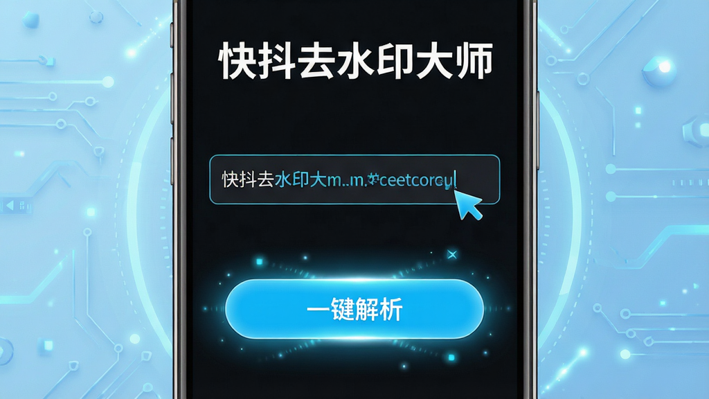 一张展示快抖去水印大师一键解析功能的界面图,画面中央是手机屏幕,屏幕上显示一个链接输入框,框内粘贴了一段短视频链接,下方有一个醒目的“一键解析”按钮,按钮周围有光效强调。屏幕上方有“快抖去水印大师”文字。背景为科技感浅蓝色,风格简洁明快,细节清晰,画质高清,无多余元素。