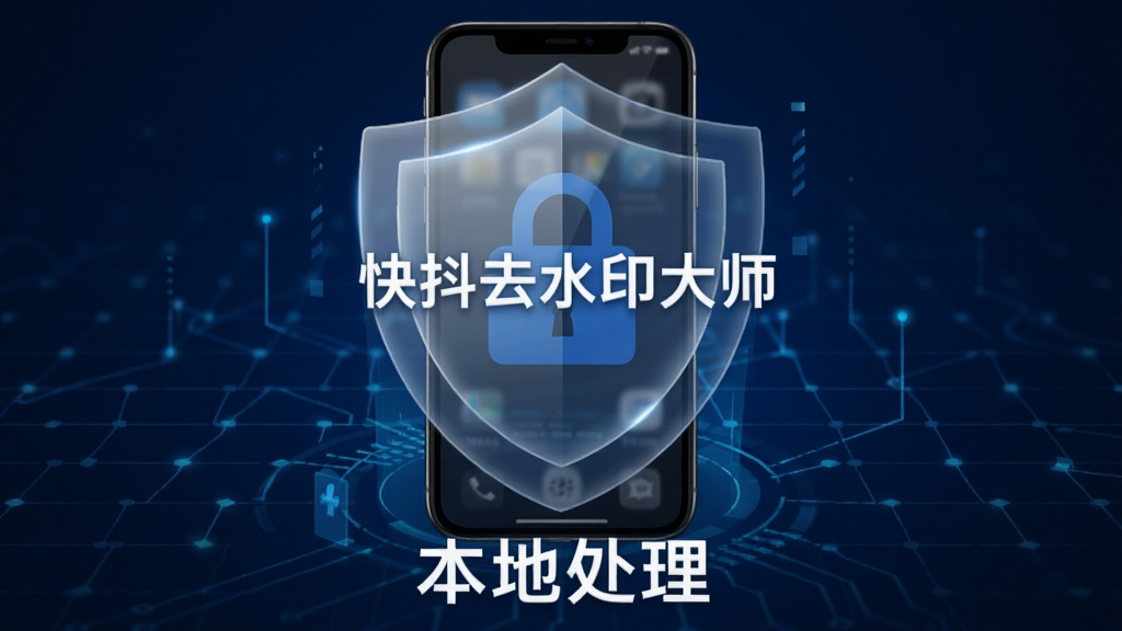 一张展示快抖去水印大师本地处理安全特性的概念图,画面中央是一部手机,手机周围有一个半透明的盾牌图标,盾牌上写着“快抖去水印大师”,盾牌下方有“本地处理”文字。背景为深蓝色科技感网格,风格安全可靠,细节清晰,画质高清,无多余元素。