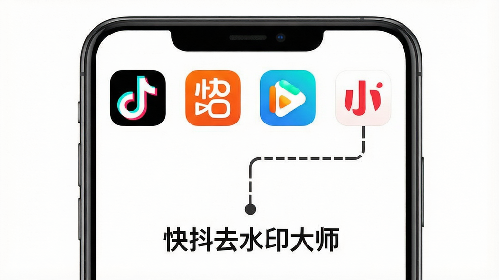 一张展示快抖去水印大师多平台兼容特性的示意图,画面中央是手机屏幕,屏幕上排列着抖音、快手、微视、小红书等多个平台的应用图标,图标下方有“快抖去水印大师”文字和一条连接线指向这些图标。背景为纯净白色,风格扁平化,细节清晰,画质高清,无多余元素。