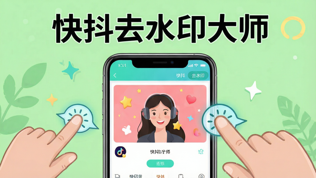 一张展示快抖去水印大师使用技巧的示意图,画面中央是手机屏幕,屏幕上显示软件的操作界面,界面旁边有手指点击的动画示意,屏幕上方有“快抖去水印大师”文字。背景为浅绿色,风格清新友好,细节清晰,画质高清,无多余元素。