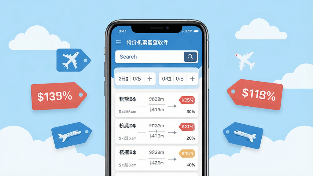 特价机票智查软件主界面展示,画面中央放置一部智能手机,屏幕显示机票搜索框与航班列表,背景为浅蓝色天空与白云,左右两侧漂浮价格标签与飞机图标,整体布局简洁清晰,风格为扁平化科技感,细节包括搜索按钮、日期选择器、折扣百分比标识,画质高清,干净,无多余元素