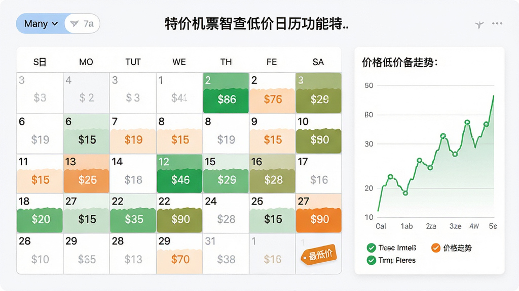 特价机票智查低价日历功能界面,画面中央为一个月历表格,部分日期格内标注价格数字并用绿色与橙色区分高低价,右侧附有一条价格走势折线图,背景为白色,风格为清新商务,细节包括月份切换按钮、图例说明、最低价标签,画质高清,干净,无多余元素
