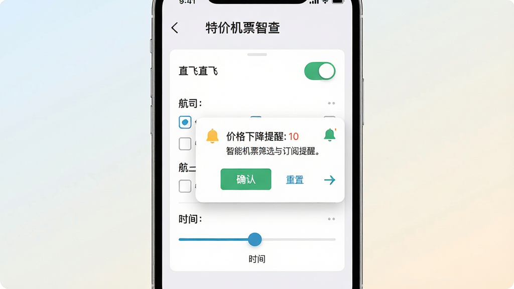 特价机票智查智能筛选与订阅提醒界面,画面展示手机屏幕内筛选条件面板与通知弹窗,面板中包含直飞开关、航司勾选框、时间滑块,弹窗显示价格下降提醒文字,背景为浅色渐变,风格为扁平化设计,细节包括确认按钮、重置链接、铃铛图标,画质清晰,干净,无多余元素