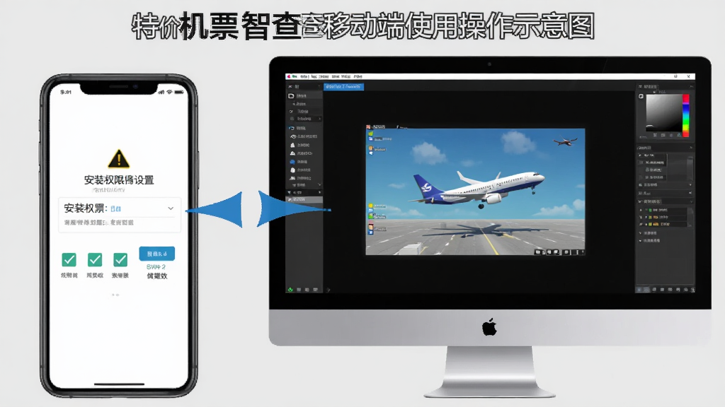 特价机票智查移动端使用操作示意图,画面展示一部手机与一台电脑并排,手机屏幕显示安装权限设置界面,电脑屏幕显示模拟器运行界面,背景为浅灰色,风格为科技教程类,细节包括箭头指示、勾选框、警告图标,画质清晰,干净,无多余元素