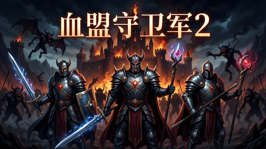 画面中央是暗黑魔幻风格的战场全景,前景站立三位身披铠甲的守卫军英雄,手持长剑与法杖,背景是燃烧的城堡和涌来的黑暗怪物,画面上方用发光字体写着
