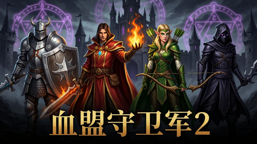 画面展示血盟守卫军2中的四位英雄角色并排站立,分别是持盾骑士、火焰法师、精灵弓箭手和暗影刺客,背景是暗黑城堡与紫色魔法阵,画面下方用金色字体写着