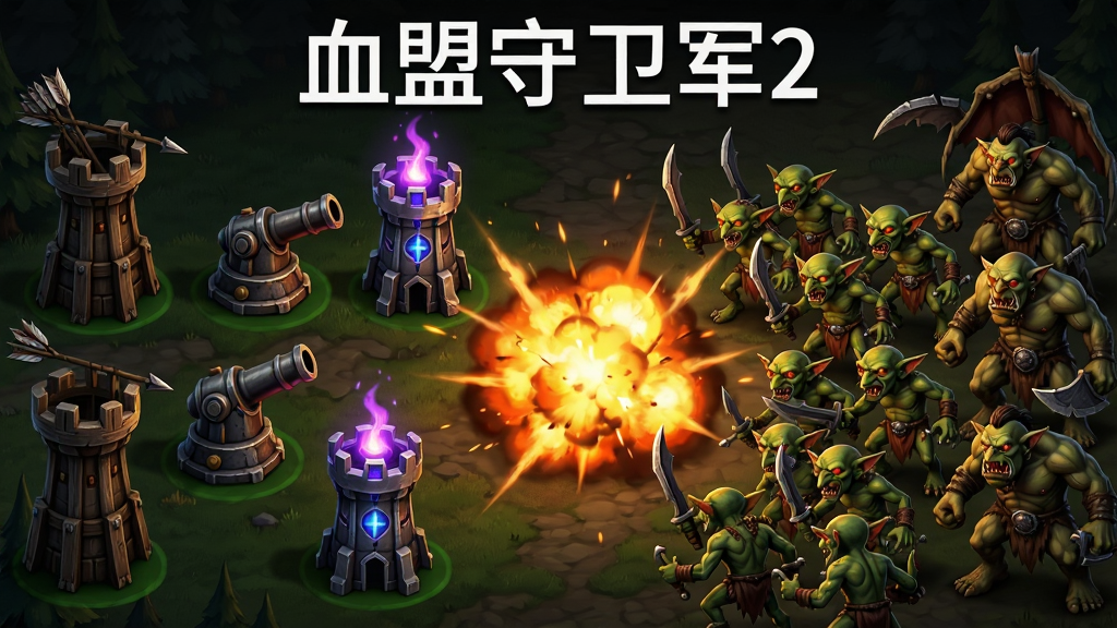 画面展示血盟守卫军2的战斗场景,画面分为左右两侧,左侧是玩家布置的箭塔、炮塔和魔法塔,右侧是成群涌来的哥布林与巨魔怪物,画面中央有火焰爆炸特效,画面顶部用白色字体写着