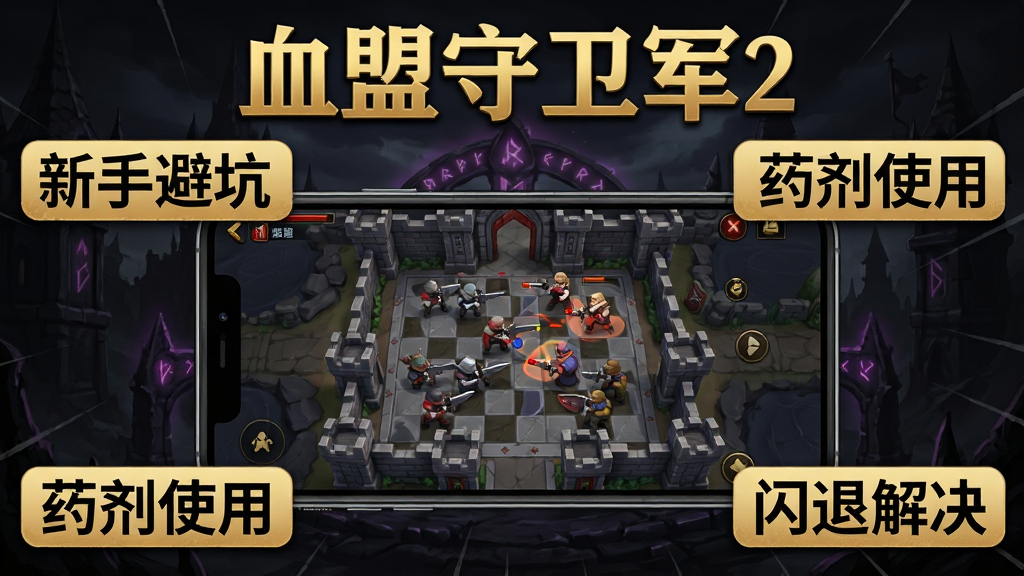 画面展示血盟守卫军2的游戏界面截图风格,中央是手机屏幕显示塔防战斗画面,周围环绕着“新手避坑”“药剂使用”“闪退解决”等文字标签,背景为暗黑魔幻风格,画面顶部用金色字体写着