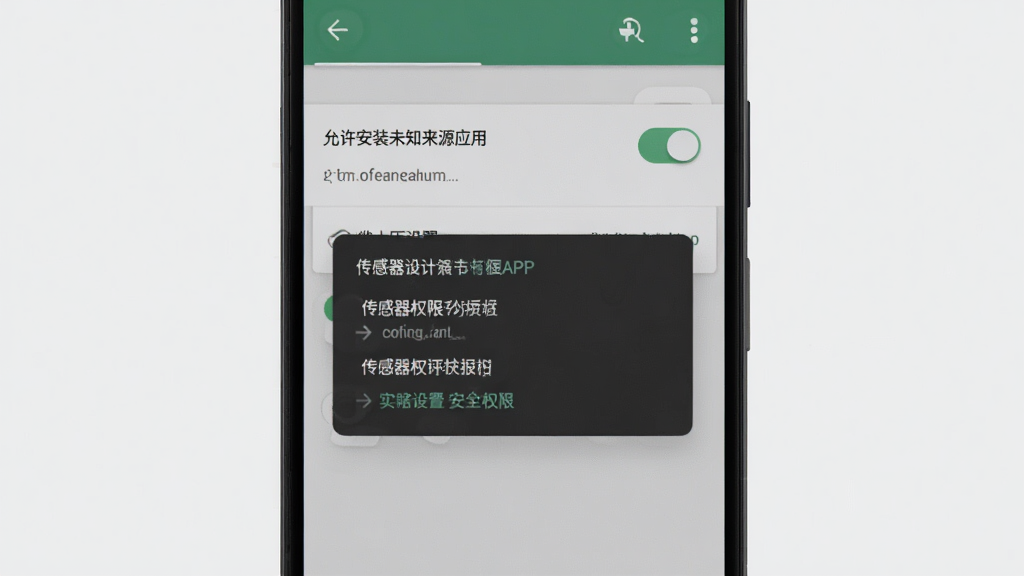 咖啡压榨APP在安卓手机上的安装权限设置界面示意图,画面展示手机屏幕中“允许安装未知来源应用”开关和传感器权限授权弹窗,背景为简洁的浅灰色,突出安全安装与权限设置步骤,风格清晰直观