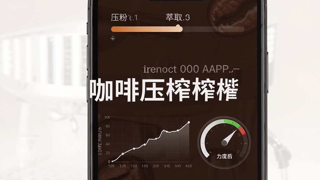 咖啡压榨APP主界面展示,手机屏幕中显示压粉计时进度条、萃取曲线图表和力度反馈仪表盘,界面风格简洁现代,背景为深色咖啡色调,画面中央用白色字体标注咖啡压榨软件名称,整体干净无多余元素