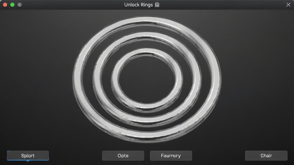 Unlock Rings 软件主界面截图,画面中央是数个相互嵌套的银色金属圆环,背景为深灰色渐变,界面底部有操作按钮,整体风格简洁现代,画质清晰干净,无多余元素