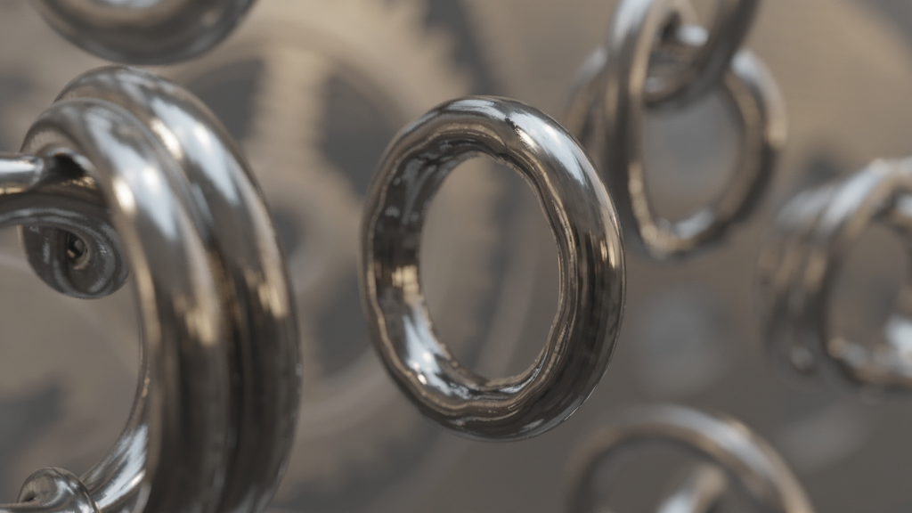 Unlock Rings 关卡内部细节特写,多个金属圆环以不同角度穿插,其中一枚环正处于半抽出状态,背景有柔和的景深效果,金属表面有细腻反光,画质精细,干净无杂物