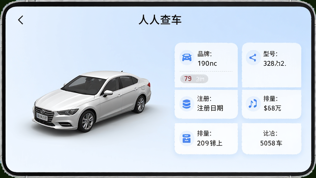 ���˲鳵Ӧ���ڳ�������ҳ�棬չʾһ����ɫ�γ�����ά����ͼ���Ա��г�Ʒ�ơ��ͺš�ע�����ڡ����������ݿ�Ƭ����������ɫ���䣬���������ϸ�ڰ���ͼ�ꡢ�ָ��ߡ����ֱ�ǩ�����ʸ��壬�ɾ����޶���Ԫ��