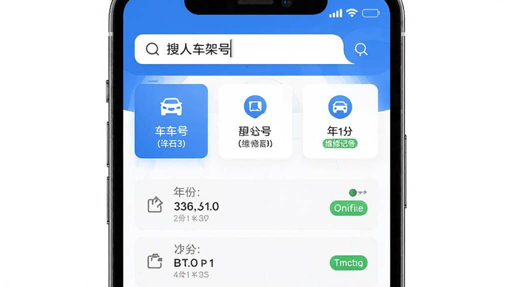 �ֻ���Ļչʾ���˲鳵Ӧ�ý��棬�������������복�ܺţ��·���ʾ����Ʒ�ơ��ͺš���ݡ�ά�޼�¼�б��������Ǽ���������ɫ�������������������룬����ִ��Ƽ��У�ϸ�ڰ���ͼ�ꡢ���ݿ�Ƭ��״̬��ǩ�����ʸ��壬�ɾ����޶���Ԫ��