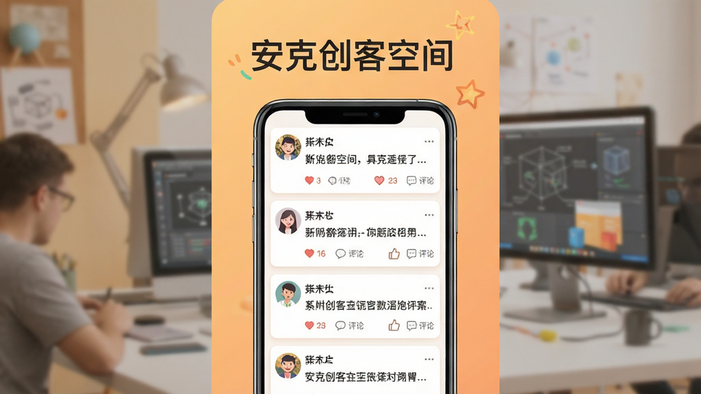 一张展示安克创客空间社区互动功能的界面示意图,画面中手机屏幕显示着社区帖子列表,每个帖子配有用户头像、文字内容和点赞评论图标,背景是温暖的浅橙色渐变,整体风格活泼友好,画质清晰,界面顶部有“安克创客空间”字样
