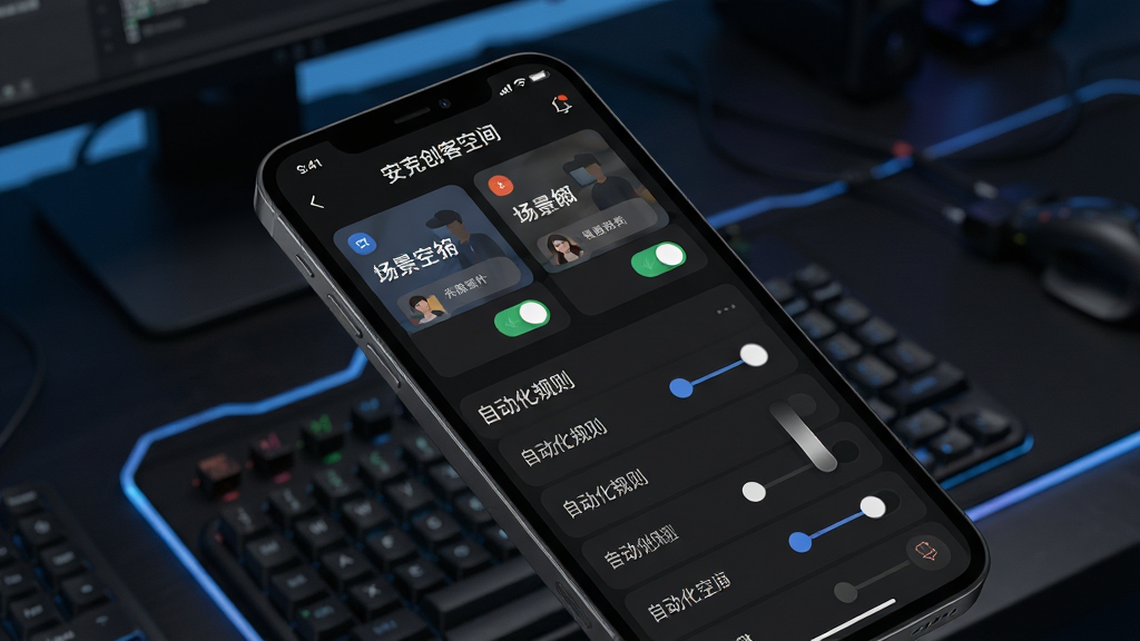 一张展示安克创客空间场景联动设置界面的手机样机图,画面中手机屏幕上显示着场景卡片和自动化规则列表,界面中有开关按钮和滑块控件,背景是深色模式下的科技感桌面,画质高清,文字标注“安克创客空间”在界面顶部
