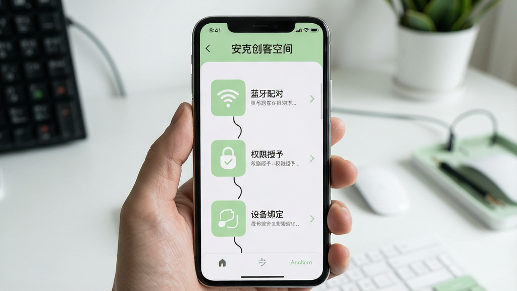 一张展示安克创客空间新手引导界面的手机截图风格图片,画面中手机屏幕显示着分步操作指引,包括蓝牙配对、权限授予、设备绑定等步骤图标,界面设计友好,以白色和浅绿色为主色调,背景是简洁的桌面环境,画质高清,文字标注“安克创客空间”在界面顶部