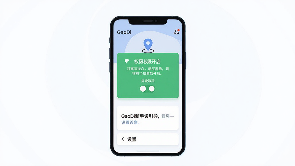 一张展示GaoDi新手设置引导页面的示意图,画面主体是手机屏幕显示权限开启提示与设置选项,布局为手机居中,风格为扁平化UI插画,细节包括定位图标、权限开关、提示文字框,画质清晰,干净,无多余元素