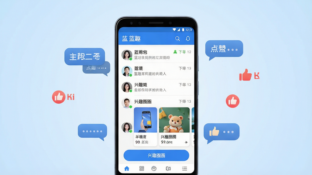 一张手机屏幕展示蓝趣App主界面的场景图,画面中央是一部竖屏安卓手机,屏幕内呈现蓝趣聊天列表与兴趣圈子卡片,手机周围漂浮着对话气泡和点赞图标,背景为浅蓝色渐变,整体布局居中对称,风格清新简洁,细节上突出界面按钮与头像列表,画质清晰,干净,无多余元素