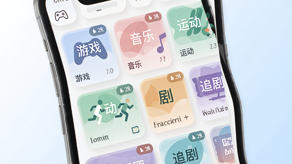 蓝趣兴趣圈子功能展示图,画面主体是手机屏幕中排列的兴趣标签卡片,标签上写有“游戏”“音乐”“运动”“追剧”等字样,卡片以网格布局排列,背景为白色到淡蓝色的柔和过渡,风格扁平化,细节上卡片带有小图标和人数角标,画质清晰,干净,无多余元素
