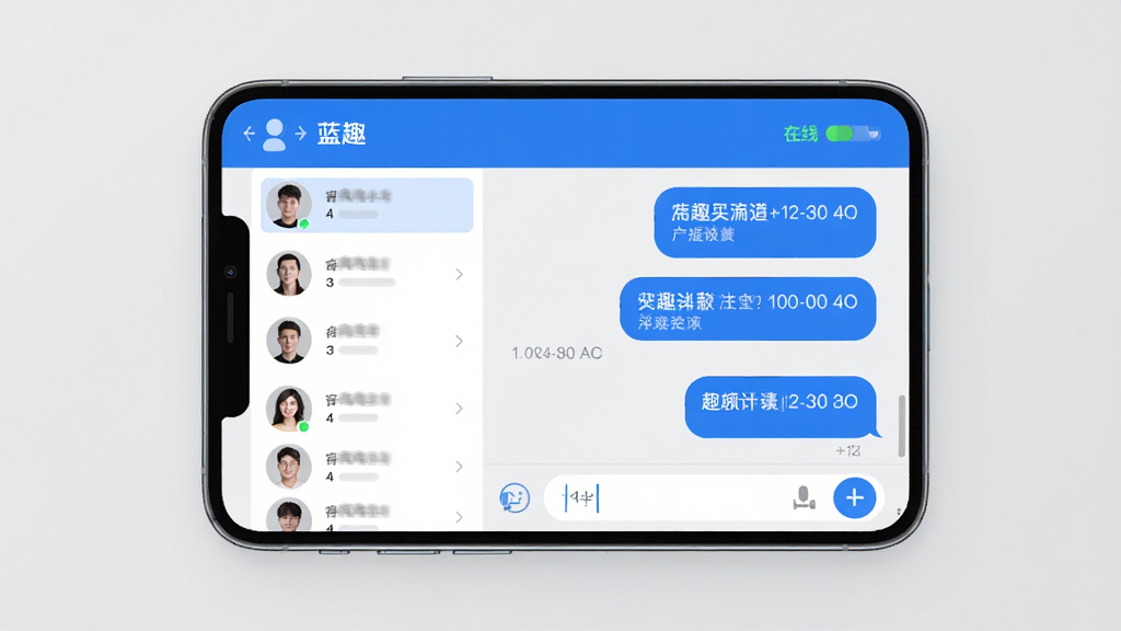 蓝趣聊天界面功能展示图,画面中央是手机聊天窗口,左侧为联系人头像列表,右侧为对话气泡与输入框,顶部显示在线状态标识,背景为浅灰色,风格现代简洁,细节上突出消息气泡的圆角与时间戳,画质清晰,干净,无多余元素