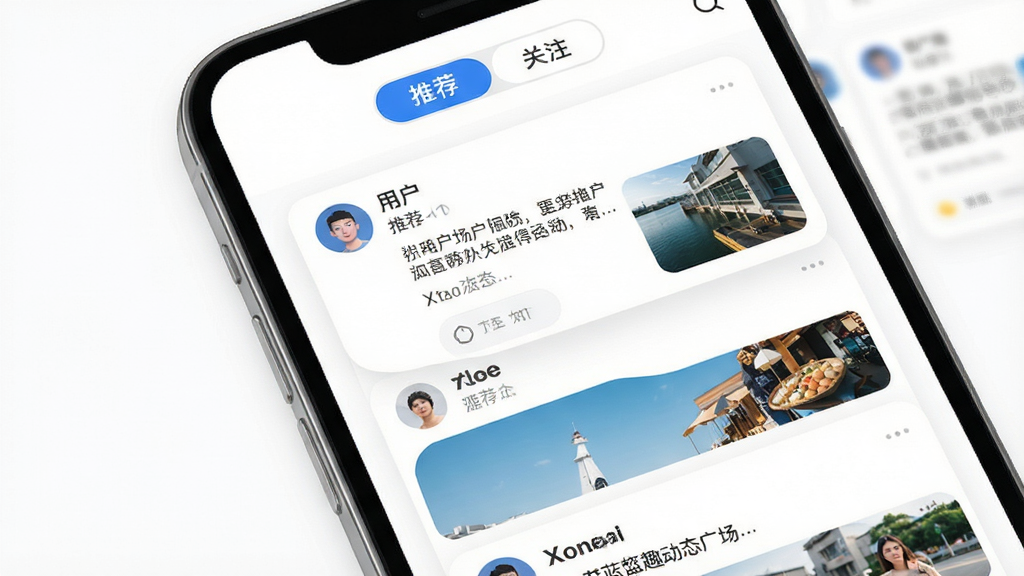 蓝趣动态广场页面展示图,画面主体是手机屏幕中瀑布流排列的用户动态卡片,卡片包含头像、文字和配图,顶部有“推荐”“关注”切换标签,背景为纯白色,风格清爽,细节上卡片间距均匀、圆角柔和,画质清晰,干净,无多余元素