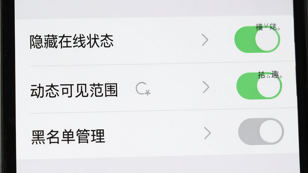 蓝趣隐私设置页面展示图,画面主体是手机屏幕中的设置列表,包含“隐藏在线状态”“动态可见范围”“黑名单管理”等选项,右侧有开关按钮,背景为浅色,风格简约,细节上突出开关的绿色与灰色状态对比,画质清晰,干净,无多余元素