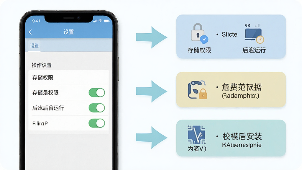免费轻量CAD看图软件操作技巧示意图,主体为手机屏幕显示设置界面与权限开关,布局为分步展示,排版包含箭头指引与文字说明框,风格为清新浅色扁平化,细节包含存储权限、后台运行、字体安装等图标,画质高清,干净,无多余元素