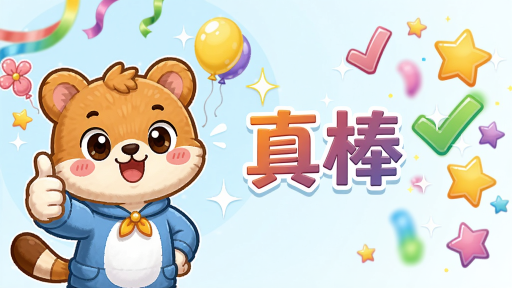 派派趣思维答题反馈界面,画面左侧为卡通小动物竖起大拇指,右侧为彩色对勾与星星散落效果,中间显示鼓励文字“真棒”,布局采用左图右文排版,风格为萌系卡通插画,细节包括彩带、气球、闪光点,画质清晰干净,无多余元素