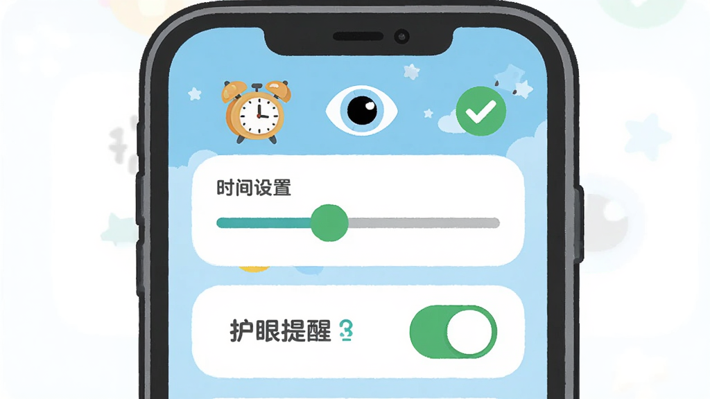 派派趣思维家长控制界面,主体为卡通风格的手机屏幕,屏幕上显示时间设置滑块与护眼提醒开关,布局采用上下结构排版,风格为清新扁平插画,细节包括小闹钟、眼睛图标、绿色对勾,画质清晰干净,无多余元素