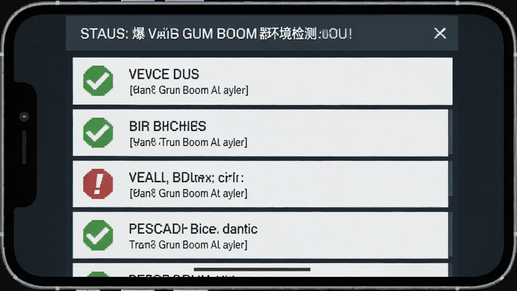 战锤40K:爆矢枪Boom安装器 环境检测界面,画面展示手机屏幕上的检测列表,每个项目前有绿色对勾或红色感叹号图标,布局为列表式排版,风格为扁平化简约设计,细节包括清晰的文字状态说明,画质清晰,干净,无多余元素