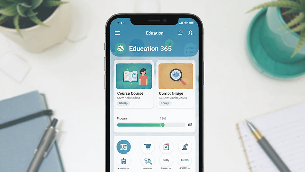 画面中央是一部智能手机,屏幕上显示 Education 365 应用的主界面,界面中有课程卡片和进度条,背景是整洁的书桌与文具,整体布局简洁明快,风格为现代扁平化插画,细节包括柔和的光线和清晰的应用图标,画质高清,干净,无多余元素