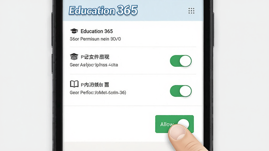 一部安卓手机屏幕显示 Education 365 的权限设置页面,旁边有手指点击“允许”按钮的动作示意,背景为简洁的浅灰色,布局为手机特写居中,风格为写实UI插画,细节包括权限列表和开关按钮,画质清晰,干净,无多余元素