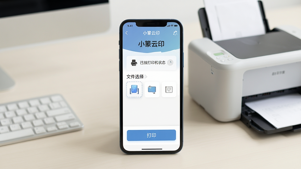 一张展示智能手机屏幕的图片,屏幕中央显示“小篆云印”应用主界面,界面布局简洁,顶部有软件名称“小篆云印”,中部显示已连接打印机状态和文件选择区域,底部有打印按钮。背景为浅色办公桌面,旁边放着一台小型打印机。风格为写实科技风,细节清晰,画质干净明亮,无多余元素。