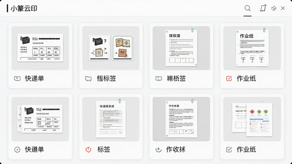 一张展示“小篆云印”软件内模板库界面的图片,画面中排列着多个打印模板卡片,如快递单、标签、作业纸,每个卡片上有缩略图和文字说明。布局为网格状,风格为现代简约UI设计,细节清晰,画质干净,无多余元素。