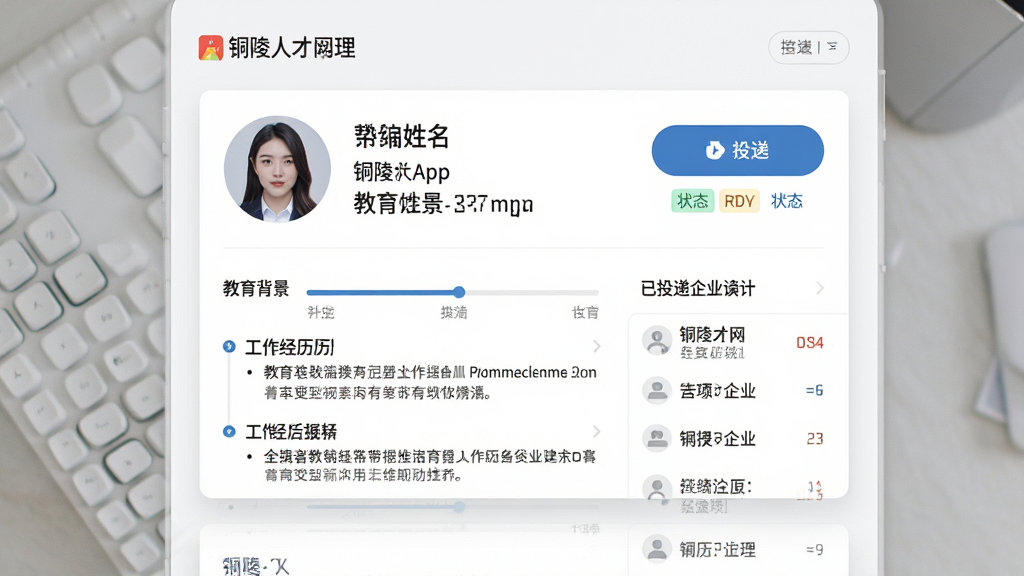 ͭ���˲���APP���˼�������ҳ�棬��������Ϊһ�������ĵ��Ӽ�����Ƭ������ͷ����������������������������ģ�飬�Ҳ���Ͷ�ݰ�ť��״̬��ǩ������Ϊ��ɫ��Ƭʽ���֣����Ϊ��Լ����磬ϸ�ڰ�������������Ͷ����ҵ�б������ʸ��壬�ɾ����޶���Ԫ��