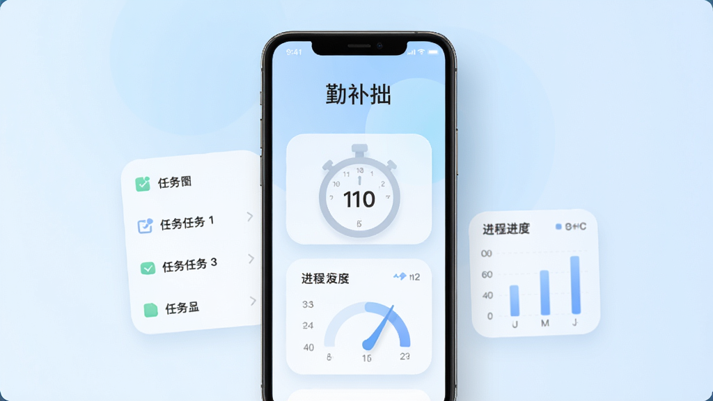 手机屏幕中央显示“勤补拙”应用主界面,背景为柔和的淡蓝色渐变,界面上有任务清单、计时器和进度图表元素,布局简洁,风格清新扁平化,细节包括圆角卡片和柔和的阴影,画质高清,干净,无多余元素