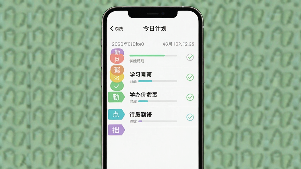 手机界面展示“勤补拙”学习计划列表,左侧是彩色标签分类,右侧是待办事项和打勾图标,背景为白色,顶部有“今日计划”字样,风格简约清爽,细节有进度条和日期提示,画质清晰,干净,无多余元素