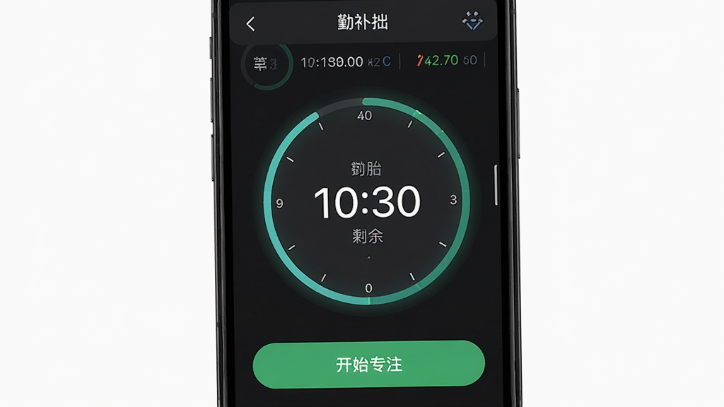 手机屏幕显示“勤补拙”番茄钟界面,中央有圆形倒计时环,环内显示剩余时间,下方有“开始专注”按钮,背景为深色护眼模式,风格科技感,细节有专注次数统计,画质高清,干净,无多余元素