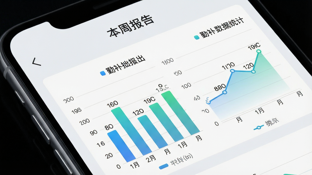 手机屏幕展示“勤补拙”数据统计页面,包含柱状图和折线图,图表颜色为蓝绿渐变,背景为浅灰色,顶部有“本周报告”文字,风格商务简洁,细节有数据标签和图例,画质清晰,干净,无多余元素